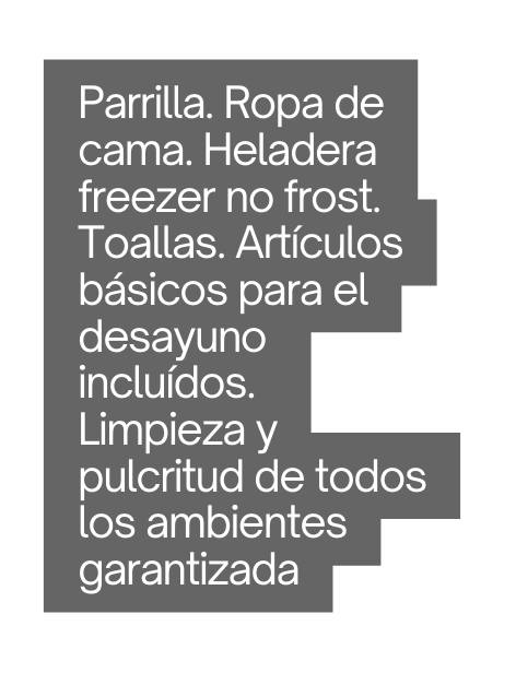 Parrilla Ropa de cama Heladera freezer no frost Toallas Artículos básicos para el desayuno incluídos Limpieza y pulcritud de todos los ambientes garantizada